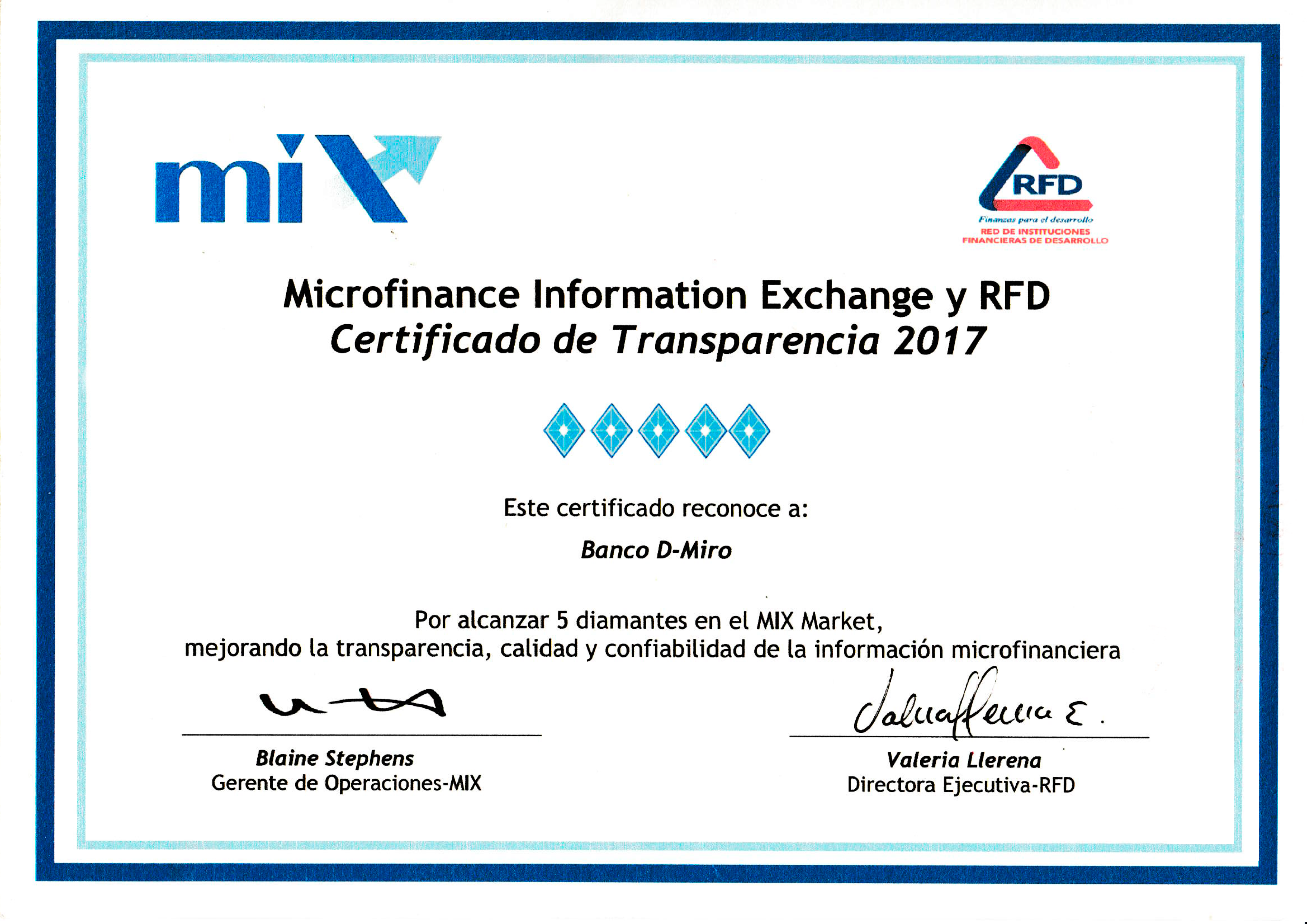 Certificado de Transparencia 2017 Microfinance Information Exchange y RFD.